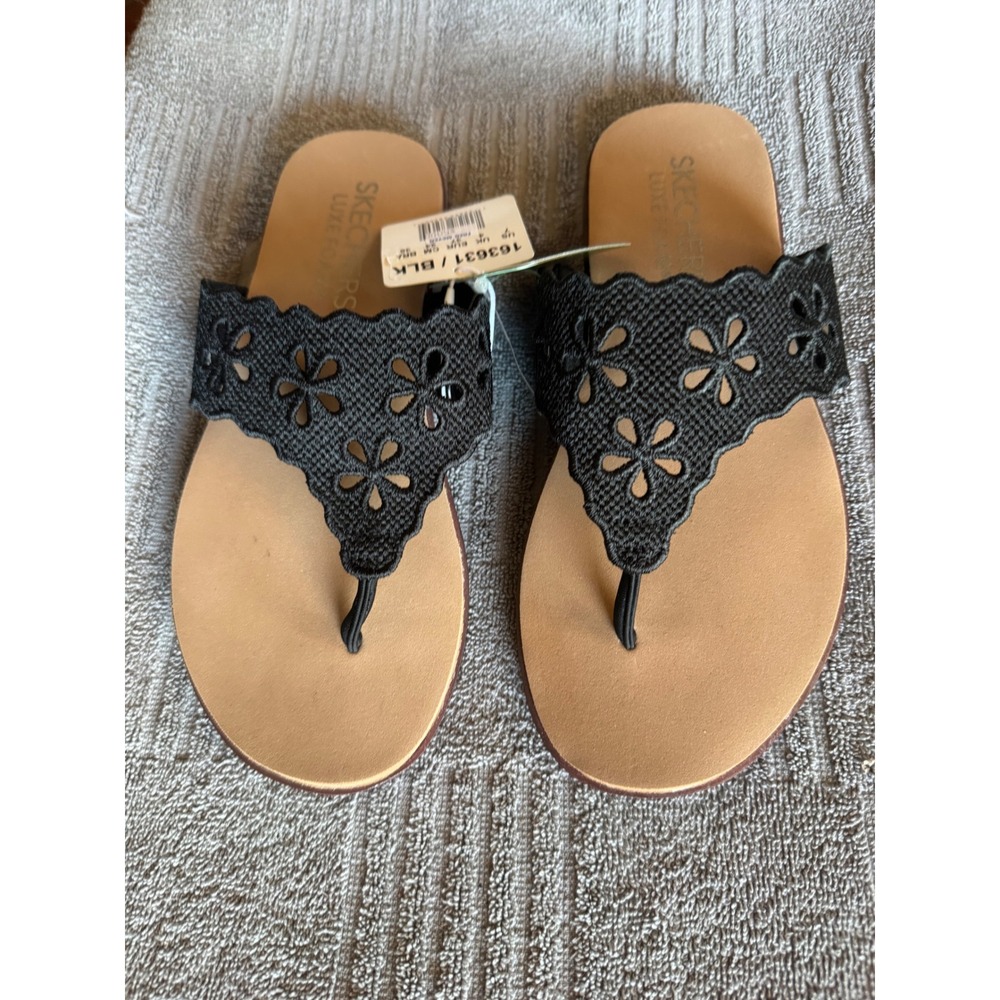 Skechers Luxe Foam Black Floral Laser Cut Sandals Womens 7 NEW nwt boho